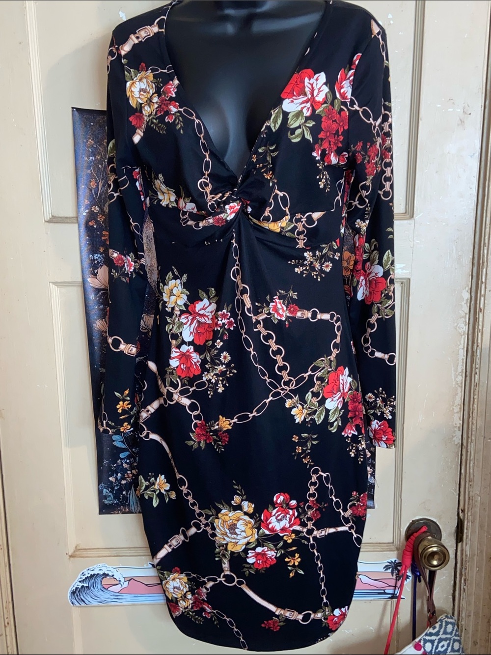 FLORAL CHAINS BODYCON DRESS Black Red & Yellow Flowers Twist Front IRIS